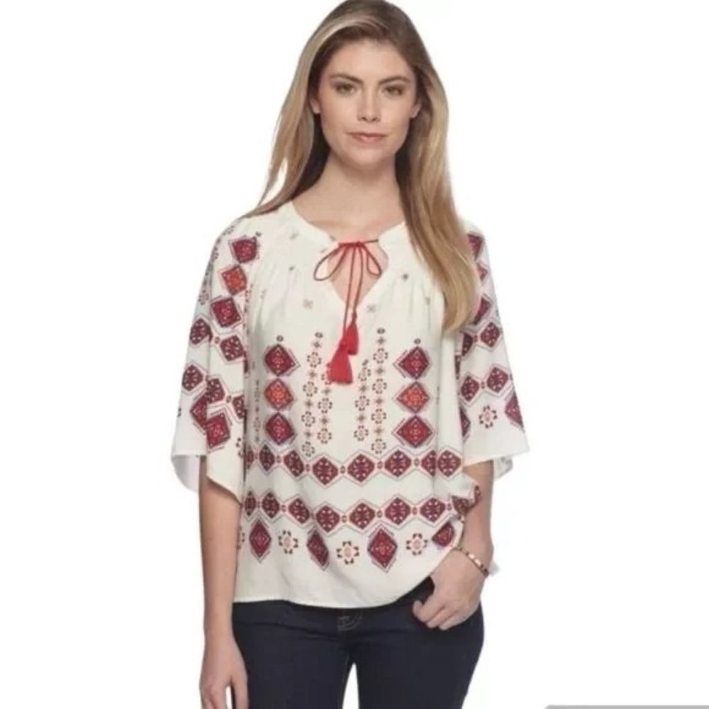 ANTHROPOLOGIE Fig and Flower Peasant Tunic Tie Top Blouse